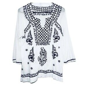 Solitaire Embroidered Boho Blouse White Navy Cotton Peasant Top Tag L Fits S/M